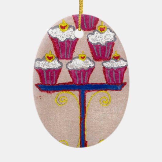 Cupcake Art Print met kersen en roze achtergrond Keramisch Ornament (Voorkant)