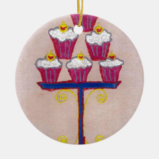 Cupcake Art Print met kersen en roze achtergrond Keramisch Ornament (Voorkant)
