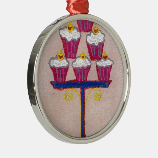 Cupcake Art Print met kersen en roze achtergrond Metalen Ornament (Rechts)