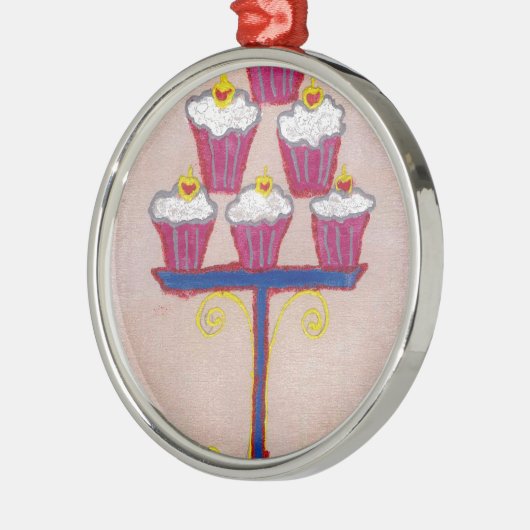 Cupcake Art Print met kersen en roze achtergrond Metalen Ornament (Links)