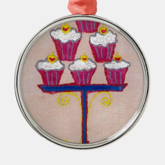 Cupcake Art Print met kersen en roze achtergrond Metalen Ornament (Voorkant)