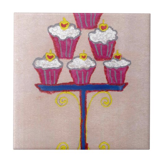Cupcake Art Print met kersen en roze achtergrond Tegeltje (Voorkant)