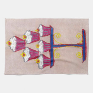 Cupcake Art Print met kersen en roze achtergrond Theedoek