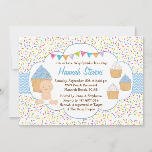 Cupcake Baby Sprinkle Shower Invitation Blue Boy Kaart (Voorkant)