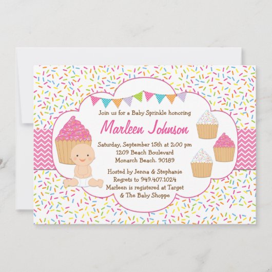 Cupcake Baby Sprinkle Shower Invitation Pink Girl Kaart (Voorkant)