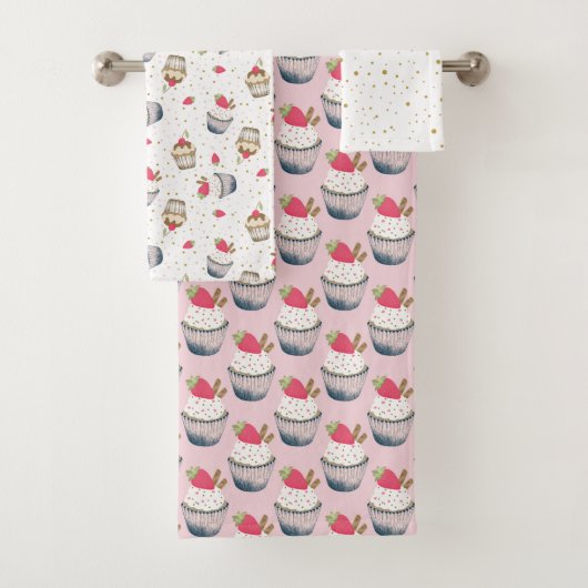 Cupcake badhanddoek set – roze Polka Dot Dessert T Bad Handdoek (Insitu)
