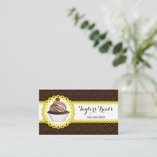 Cupcake Bakery Damask Scalloped Border Visitekaartje (Staand voorkant)