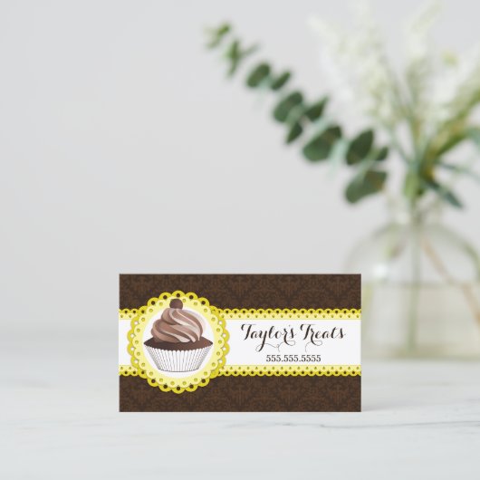 Cupcake Bakery Damask Scalloped Border Visitekaartje (Staand voorkant)