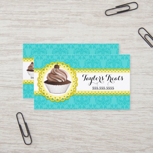 Cupcake Bakery Damask Scalloped Border Visitekaartje (Voorkant / Achterkant in situ)