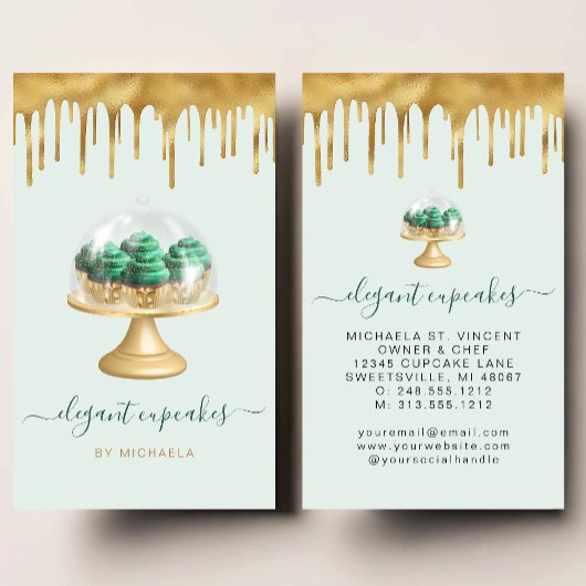 Cupcake Bakery Emerald Green Faux Gold Foil Drip Visitekaartje