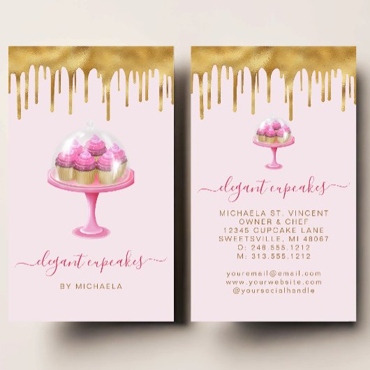 Cupcake Bakery Pink Faux Gold Foil Drip Visitekaartje