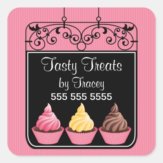 Cupcake Bakery Storefront Sign Square Stickers (Voorkant)