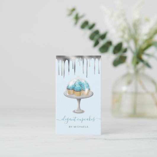 Cupcake Bakery Teal Faux Silver Foil Drip Visitekaartje (Staand voorkant)