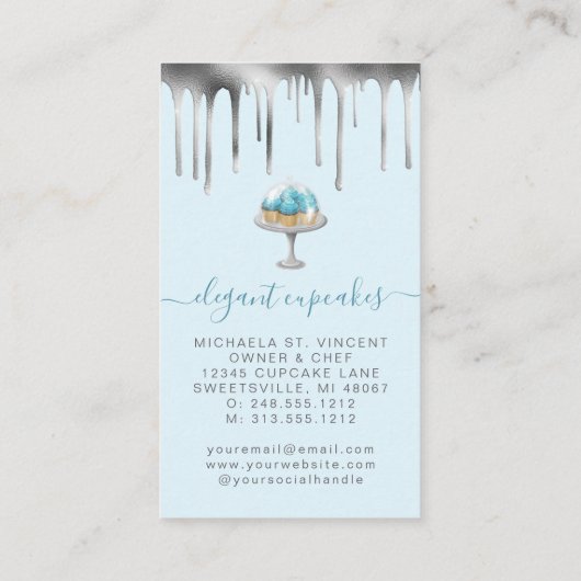 Cupcake Bakery Teal Faux Silver Foil Drip Visitekaartje (Achterkant)