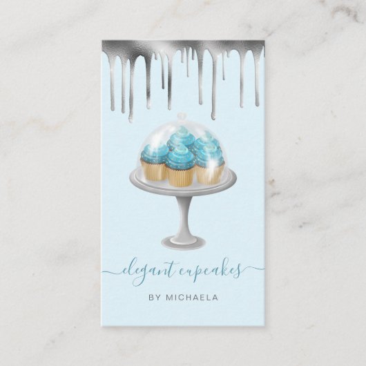 Cupcake Bakery Teal Faux Silver Foil Drip Visitekaartje (Voorkant)