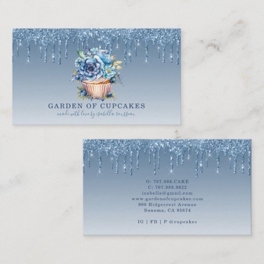 Cupcake Bakker Bloemen Cupcake Blauw Glitter Drips Visitekaartje (Voorkant / Achterkant)