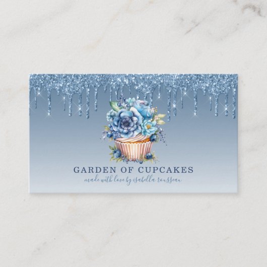 Cupcake Bakker Bloemen Cupcake Blauw Glitter Drips Visitekaartje (Voorkant)