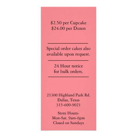 Cupcake Bakkerij Business Menu Rack Kaart (Achterkant)