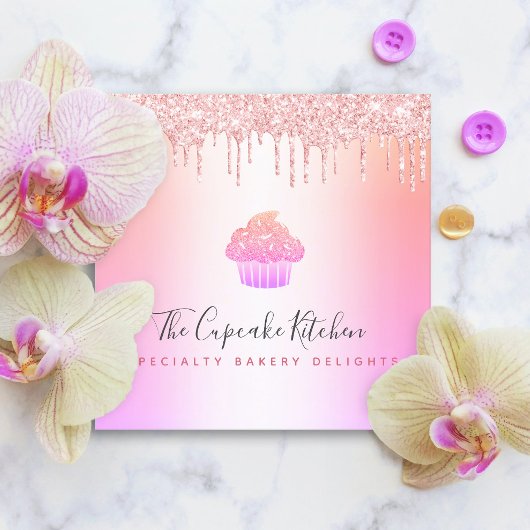 Cupcake bakkerij Chef roze regenboog Roos Glitter  Vierkante Visitekaartje