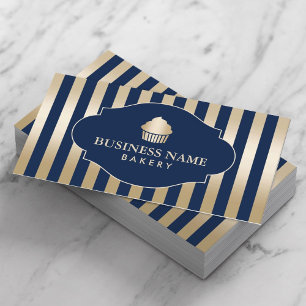 Cupcake bakkerij Classy Navy & Gold Stripes Modern Visitekaartje