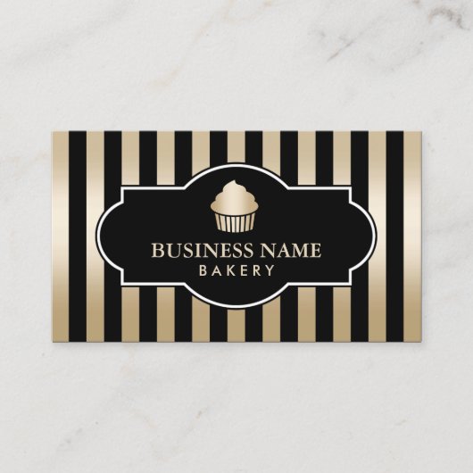 Cupcake Bakkerij Classy Zwart & Goud Strepen Moder Visitekaartje (Voorkant)