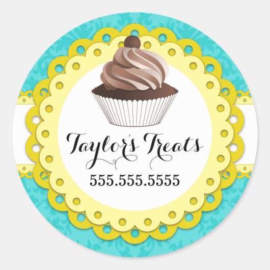 Cupcake Bakkerij Damask Gele Scallop Seals Ronde Sticker (Voorkant)