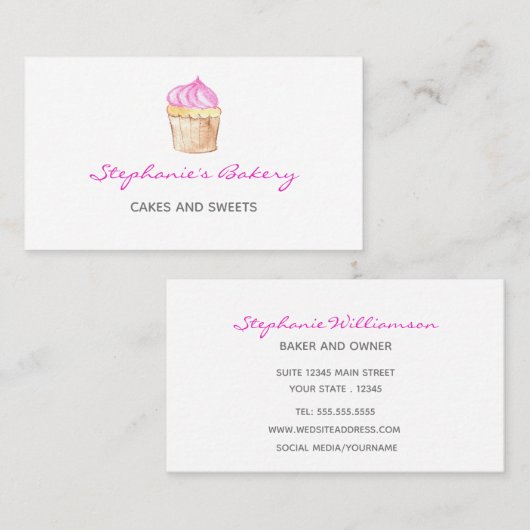Cupcake bakkerij Elegant roze moderne Visitekaartje (Voorkant / Achterkant)