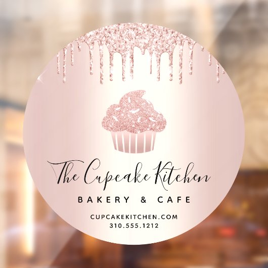 Cupcake Bakkerij Gebak Café Roze Goud Glitter Drup Raamsticker (Vel 2)