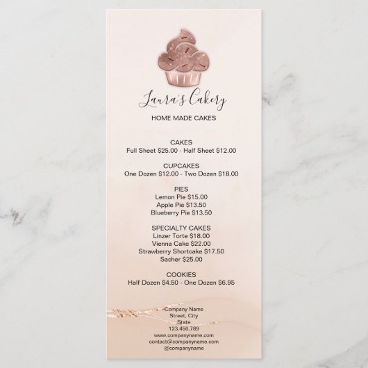 Cupcake Bakkerij gebak Chef Blush Roze Rose Gold Menu (Voorkant)