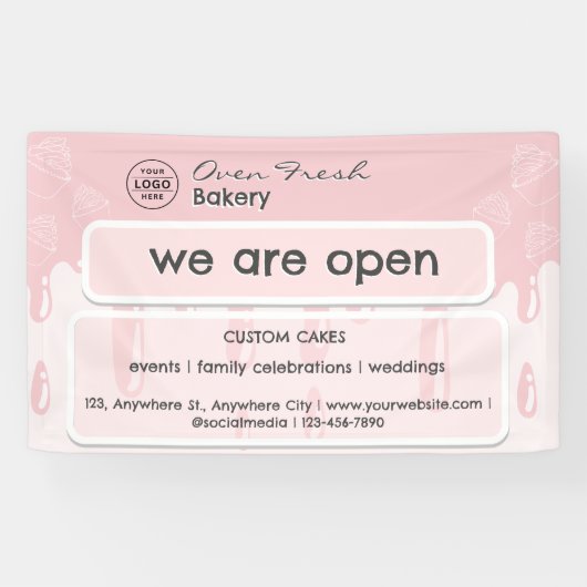 Cupcake Bakkerij Logo Wij zijn Open Roze Spandoek (Horizontaal)