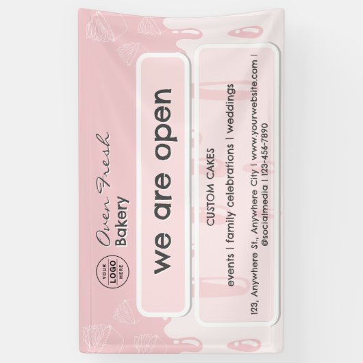 Cupcake Bakkerij Logo Wij zijn Open Roze Spandoek (Verticaal)