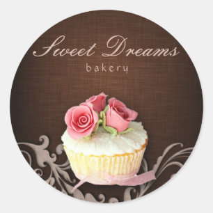 Cupcake Bakkerij Sticker Linnen Bruin Roze Rozen