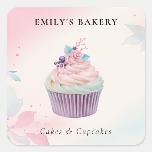 Cupcake Bakkerij Waterverf Vierkante Sticker (Voorkant)