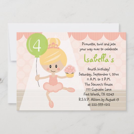 Cupcake Ballerina Birthday Invitation Blonde Kaart (Voorkant)