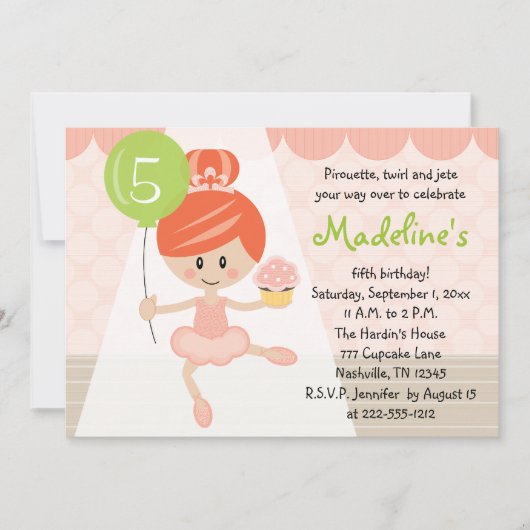 Cupcake Ballerina Birthday Invitation Redhead Kaart (Voorkant)