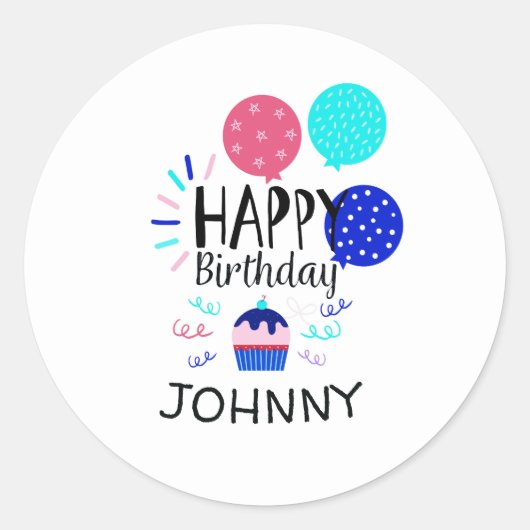 Cupcake & Ballonnen Gelukkige Verjaardag Tekst - Ronde Sticker (Voorkant)