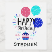 Cupcake & Ballonnen Gelukkige Verjaardag Tekst - Wijn Etiket (Enkel label)