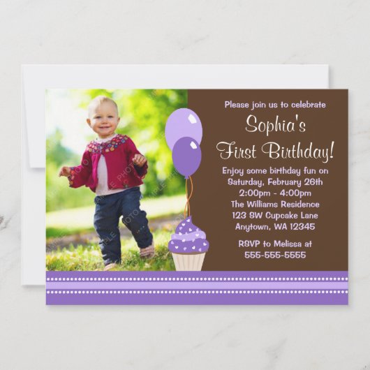 Cupcake Balloons Bruin Paars Foto Birthday Kaart (Voorkant)