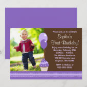 Cupcake Balloons Bruin Paars Foto Birthday Kaart (Voorkant / Achterkant)