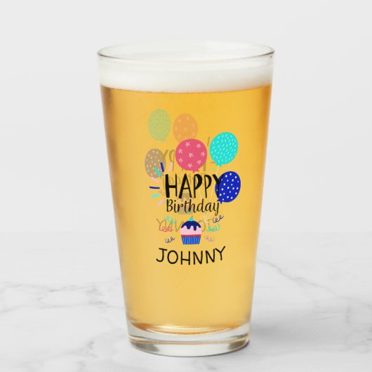 Cupcake & Balloons Happy Birthday-tekst - Glas (Voorkant gevuld)