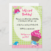 Cupcake Birdie Birthday Invites Kaart (Voorkant / Achterkant)