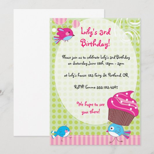 Cupcake Birdie Birthday Invites Kaart (Voorkant / Achterkant)