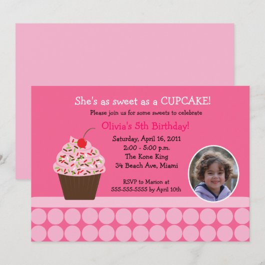 Cupcake Birthday Foto Sjabloon Uitnodigingen (Voorkant / Achterkant)