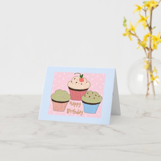 Cupcake Birthday Greeting Kaart (Gele Bloem)
