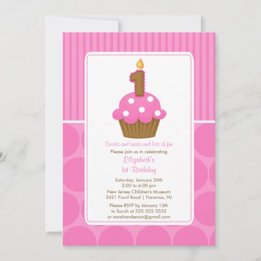Cupcake Birthday Invitation 1st Birthday Pink Kaart (Voorkant)