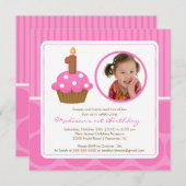Cupcake Birthday Invitation 1st Birthday Pink Kaart (Voorkant / Achterkant)