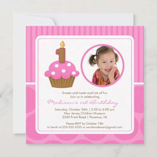 Cupcake Birthday Invitation 1st Birthday Pink Kaart (Voorkant)
