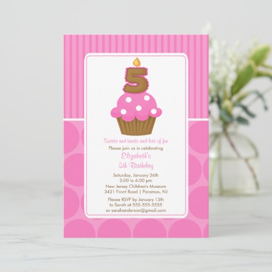 Cupcake Birthday Invitation 5th Birthday Pink Kaart (Staand voorkant)