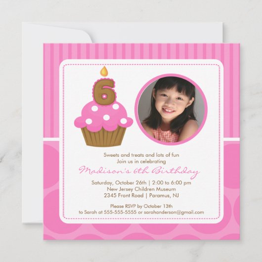 Cupcake Birthday Invitation 6th Birthday Pink Kaart (Voorkant)