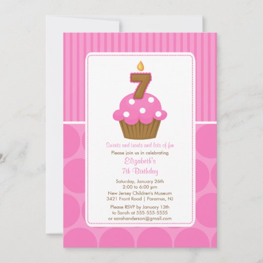 Cupcake Birthday Invitation 7th Birthday Pink Kaart (Voorkant)